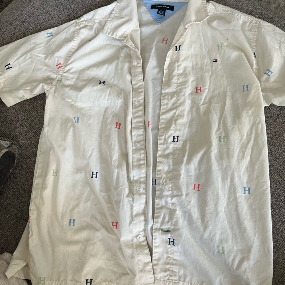 Tommy Hilfiger Kids Cream Button Down Shirt with Multicolor Embroidery